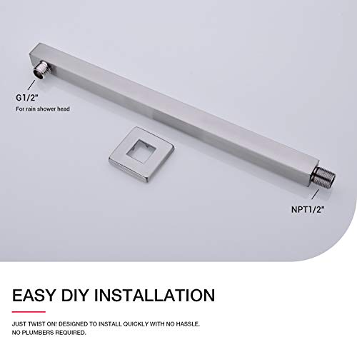 Square Shower Arm with Flange Heavy Duty Stainless Steel Rainfall Shower Head Extension Pipe, Bathroom Wall Mounted 16 Inch Extender Arm, Brushed Nickel - color: Brushed Nickel