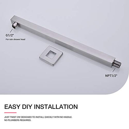 Square Shower Arm with Flange Heavy Duty Stainless Steel Rainfall Shower Head Extension Pipe, Bathroom Wall Mounted 16 Inch Extender Arm, Brushed Nickel - color: Brushed Nickel