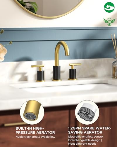 FORIOUS Black and Gold Bathroom Faucet Modern, 3 Hole Bathroom Faucet Black | Gold and Black Bathroom Faucet 3 Holes, 2 Handle Modern Bathroom Vanity Faucet Widespread 8 Inch with 360° Swivel Gooseneck - color: Gold&Black, style: Modern