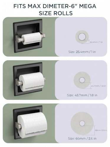 FORIOUS Recessed Toilet Paper Holder for Mega Roll, Black & Brushed Nickel | Stainless Steel Tissue Roll Holder Wall Mount for Bathroom Space-Saving Design, in Wall Toilet Paper Dispenser Insert - color: Black & Stainless Steel