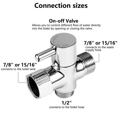 Bidet T Adapter with Shut-off Valve: 3 Way Brass T-valve for Bidet 7/8”X 7/8”X 1/2” - Tee Connector Leakproof Adjust Water Pressure Toilet Attachment Bathroom Installation
