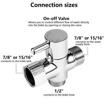 Bidet T Adapter with Shut-off Valve: 3 Way Brass T-valve for Bidet 7/8”X 7/8”X 1/2” - Tee Connector Leakproof Adjust Water Pressure Toilet Attachment Bathroom Installation
