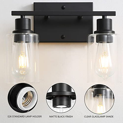 Bathroom Vanity Light Fixtures, 2-Light Matte Black Bathroom Lights, Wall Sconces with Clear Glass Shade for Hallway Farmhouse Bedroom Living Room - color: Black 2-Light