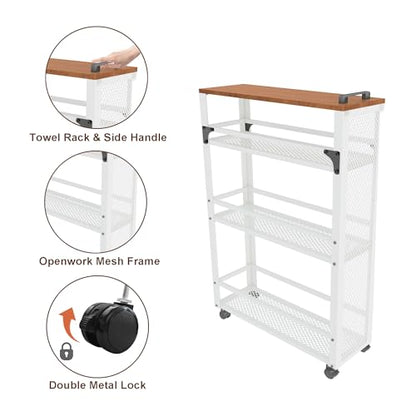3-Tier Rolling Cart Slim - White Laundry Bathroom Kitchen | Steel Frame, Mesh Baskets, for Small Spaces, 110 lb Capacity, 4 Wheels 2 Lockable, Utility Storage Snack Coffee Craft - color: White