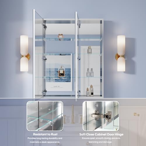 28" x 36" Bathroom Medicine Cabinet with Mirror, Anodized Chrome Aluminum Frame, Surface Mount or Recessed Medicine Cabinet with Mirror, Bathroom Mirror with Storage, Double Doors - size: 28"x36"-A