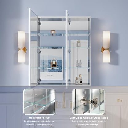28" x 36" Bathroom Medicine Cabinet with Mirror, Anodized Chrome Aluminum Frame, Surface Mount or Recessed Medicine Cabinet with Mirror, Bathroom Mirror with Storage, Double Doors - size: 28"x36"-A