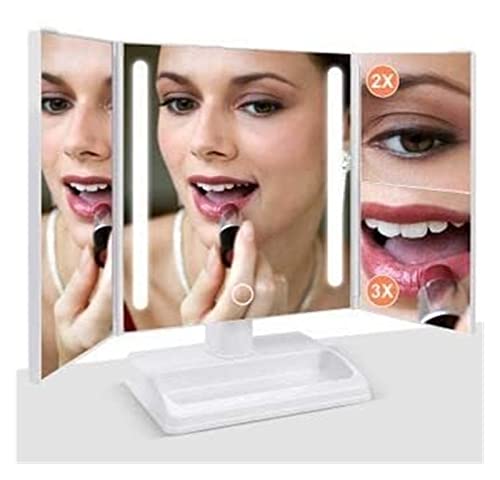 Foldable Makeup Mirror, Vanity with 32 Dimmable LED Lights with Wide-Angle t-Button Screen and Countertop Adjustable