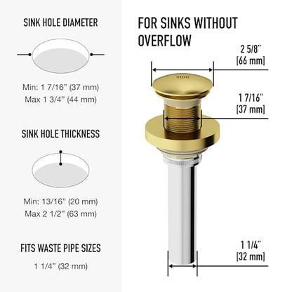 Vigo Bathroom Sink Pop Up Drain Without Overflow, Matte Gold Drain Stopper with ClogFree QuickDrain Technology & Matching Mounting Ring - color: Gold