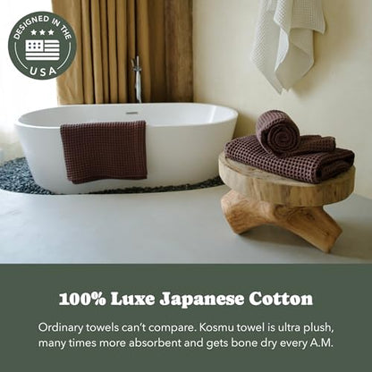 Luxury Organic Japanese Cotton Waffle Bath Towel | Thick, Absorbent, Quick Dry Bathroom Towels for Shower, Sauna, Onsen| Hotel & Spa Quality, Gift-Ready (Dark Cocoa, Complete Set (4-Piece)) - color: Dark Cocoa, style: Bath Complete Towel Set (4-piece)