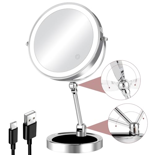 8" Foldable 10X Magnifying Mirror with Light, Storable Base, Chrome | Adjustable Height & Brightness, Rechargeable Battery, 3 Color Lighting, 360° Rotation, No Distortion, Flexible Viewing Angles - size: 15.4"L x 9.1"W