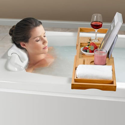 Utoplike Bamboo Bathtub Caddy Tray for Tub, Adjustable Bath Table | Bathroom Organizer with Book Tablet, Wine Glass Cup, Towel Holder - color: Natural