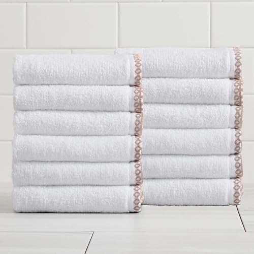 Great Bay Home White/Rosewood Washcloth Set - Ultra-Soft Cotton, Boho-Chic Border Design - 12 Washcloths (13" x 13") - Absorbent, Quick-Dry, Lightweight Bathroom Towels - color: White / Rosewood, size: Washcloth (Pack of 12)