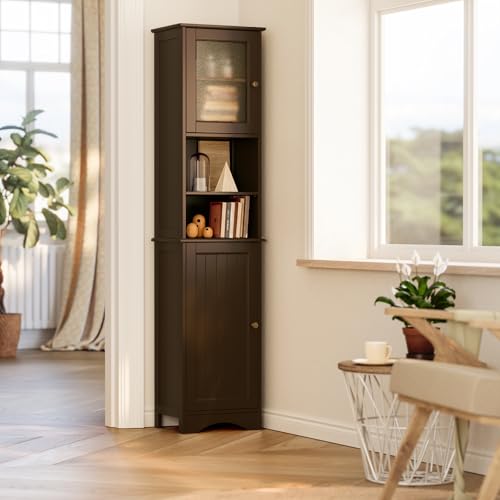 Gizoon Tall Bathroom Storage Cabinet | Freestanding Linen Cabinet with Two-Way Doors, Adjustable Shelves, for Home, Kitchen, Living Room, Dark Brown - color: Dark Brown