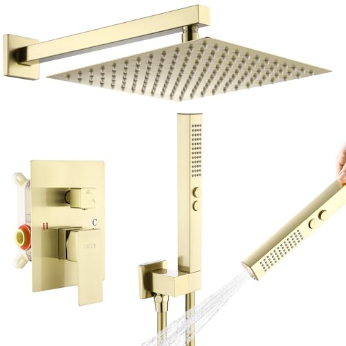 Rain Shower System, 12''Square Rain Head,2-Spray Handheld,Gold | 2 Spray Functions,Anti-Tangle Explosion-proof PVD Hose,Balance Temp Valve,Rust-proof & Scratch-resistant - color: Brushed Gold, size: 12 Inch