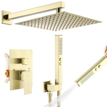 Rain Shower System, 12''Square Rain Head,2-Spray Handheld,Gold | 2 Spray Functions,Anti-Tangle Explosion-proof PVD Hose,Balance Temp Valve,Rust-proof & Scratch-resistant - color: Brushed Gold, size: 12 Inch