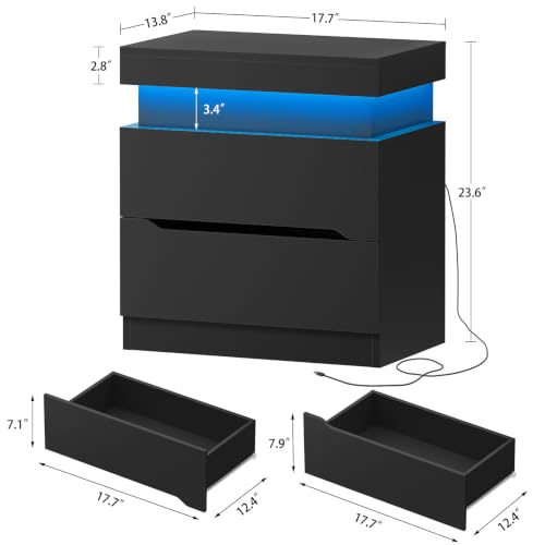 Nightstands Set of 2, Night Stand with 2 Drawers, Nightstand with App-Controlled Adjustable LED Light, Bedside Table with Slidable Hidden Storage Space, Modern Nightstands for Bedroom,Black - color: Unbzx031hd2-zf