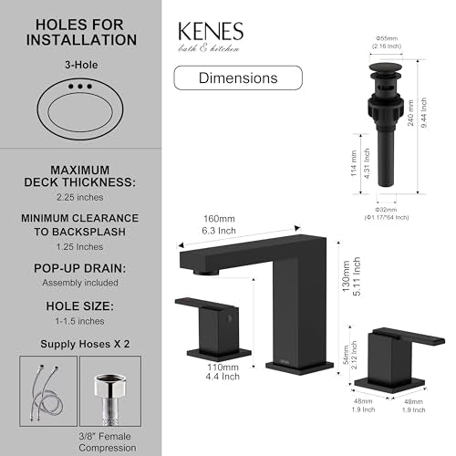 Matte Black Widespread Bathroom Faucet 3 Hole Vanity Faucet 2 Handle | Bathroom Sink Faucet with Pop Up Drain & Supply Lines, Lead-Free cUPC & NSF Certified, 8 Inch Faucet for Vanity Restroom Sink - color: Matte Black