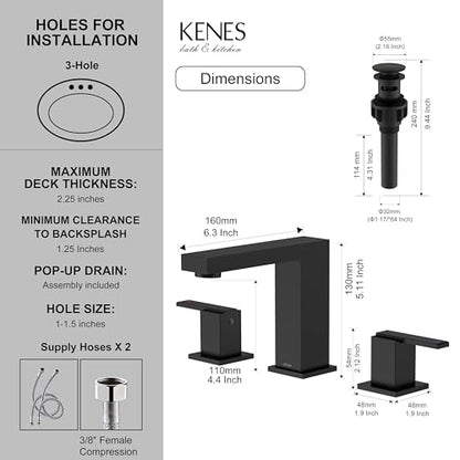 Matte Black Widespread Bathroom Faucet 3 Hole Vanity Faucet 2 Handle | Bathroom Sink Faucet with Pop Up Drain & Supply Lines, Lead-Free cUPC & NSF Certified, 8 Inch Faucet for Vanity Restroom Sink - color: Matte Black