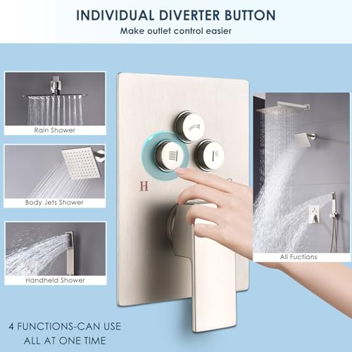 Dual Rainfall Shower Head System Brushed Nickel, 3-Function Push Button Shower Faucet Set with 12" Wall Mount Rain shower head and 6" Wall Mount Shower Head, Pressure Balance Rough-in Valve - color: Brushed Nickel, style: Wall Mount