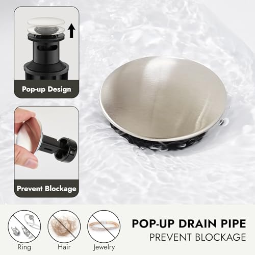 Heyalan Bathroom Sink Faucet, Single Handle Vanity Faucet, Brushed Nickel | SUS304 stainless steel, hot and cold supply hoses, 1- or 3-hole installation, 6-inch deck plate and pop-up drain - color: Brushed Nickel