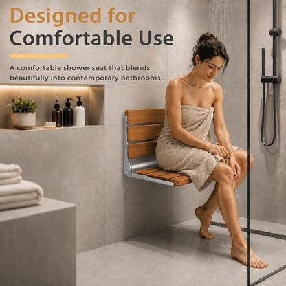 Folding Shower Seat Teak, Bath Safety Furniture Stainless Steel, Shower Seats for Elderly, Fold Down Shower Seat, Oak and Stainless Steel - color: Teak and Silver Stainless Steel