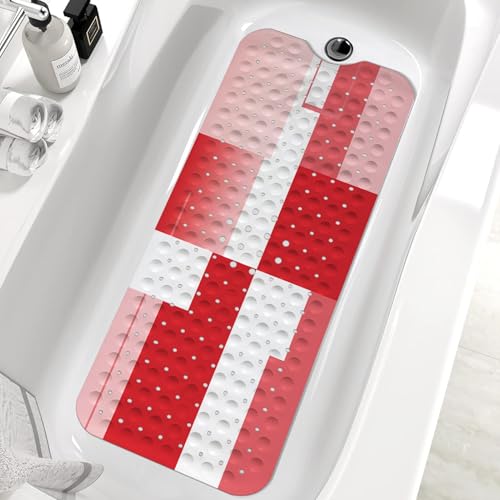 Red Bath Tub Mat Non Slip, Modern Geometric Large Washable Shower Mats with Drain Holes and Suction Cups,40 X 16 Inch - color: Red