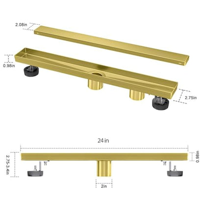 Brushed Gold 24-Inch Linear Shower Drain with Tile Insert Grate, Rectangle Floor Drain 304 Stainless Steel Including Hair Strainer - color: Gold, size: 24 IN