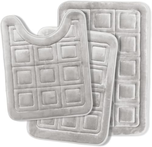Clara Clark Set of 3 Bath Mats, Non-Slip Velvet Memory Foam Bathroom Rugs, Machine Wash, Soft and Plush Bath Rugs, 17 x 24 Inch, 20 x 32 Inch & U-Shaped 20 x 24 Inch, Waffle Design - Silver - color: Silver