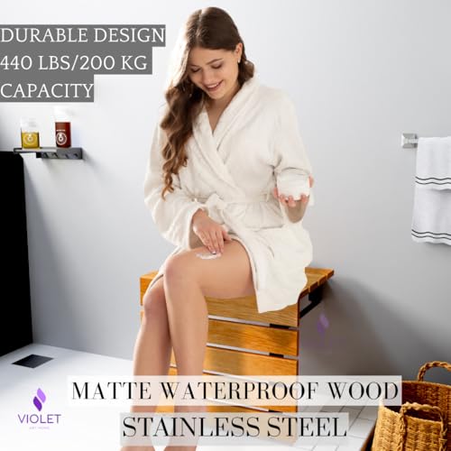20" Folding Wall Mounted Handmade Teak Wood Large Shower Seat with Legs, ADA Compliant Durable Bath Bench, Sturdy Space-Saving Bathroom Stool, Water-Resistant Compact Chair (Natural, Extra Large) - color: Natural