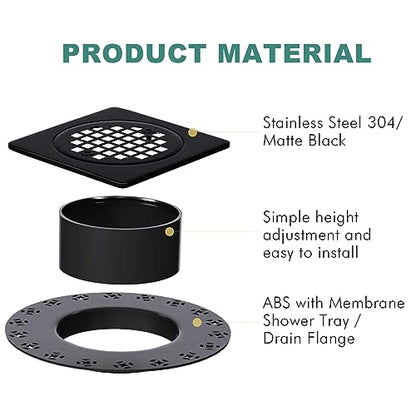 4 Inch Drain Grate Kit, Square Shower Floor Drain SS304 Stainless Steel | Compatible with Schluter Kerdi Drain Flange, Height Adjustment Collar and Ring - Matte Black - color: Matte Black