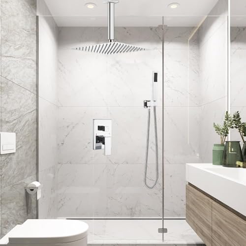 ‎Polished Chrome Shower System Bathroom 12 Inch Rain Shower Head Ceiling Mount with Handheld Luxury High Pressure Shower Combo Set Shower Faucet Rough-in Valve Body and Trim Kit - color: Polished Chrome, size: 12 Inch