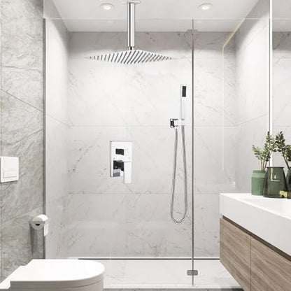 ‎Polished Chrome Shower System Bathroom 12 Inch Rain Shower Head Ceiling Mount with Handheld Luxury High Pressure Shower Combo Set Shower Faucet Rough-in Valve Body and Trim Kit - color: Polished Chrome, size: 12 Inch