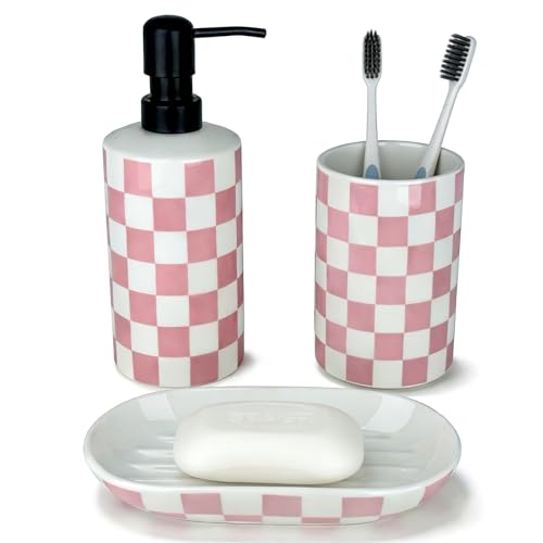 Pink Bathroom Toothbrush holder set, Cute Ceramic Bathroom Accessories, Includes Hand Soap Dispenser, Tooth Brush Holder, and Soap Dish, Funny Bathroom Accessories sets for Girls Woman Guest Bathrooms - color: Girly Pink