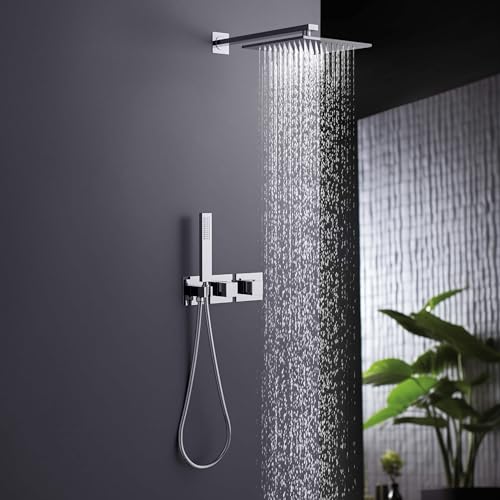 KIBI Cube Thermostatic Bathroom Shower System – 2-Function Wall Mounted Shower Set with Rough-In Valve, Modern Chrome Finish, Durable Rust-Resistant Bathroom Shower Faucet Kit - color: Chrome