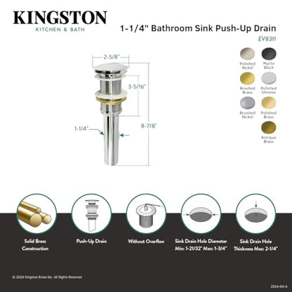 Kingston Brass EV8316 Coronet Push Pop-Up Bathroom Sink Drain Without Overflow, Polished Nickel 8.88 x 2.63 x 2.63