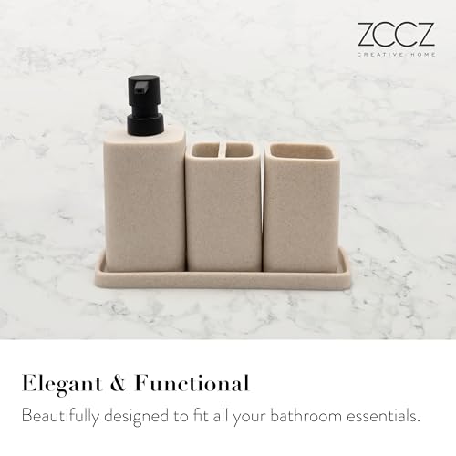 Bathroom Accessory Sets, 4 Pieces Bathroom Accessories Complete Set Vanity Countertop Accessory Set Marble Look, Includes Lotion Dispenser Soap Pump, Tumbler, Toothbrush Holder and Tray (Beige) - color: Beige