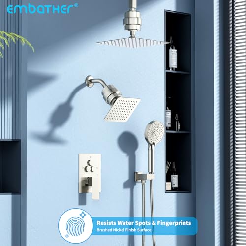Shower Faucet Set Shower System - EMBATHER Brushed Nickel Push Button Diverter Filtered Dual Shower Faucet Valve Kit with Rain Ceiling Mount 10'' Shower Head 6'' Wall Mount, 9 in 1 Handheld for Couple