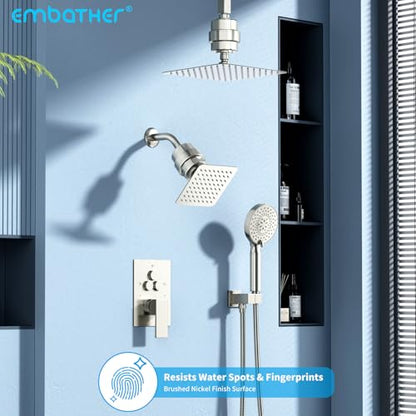 Shower Faucet Set Shower System - EMBATHER Brushed Nickel Push Button Diverter Filtered Dual Shower Faucet Valve Kit with Rain Ceiling Mount 10'' Shower Head 6'' Wall Mount, 9 in 1 Handheld for Couple