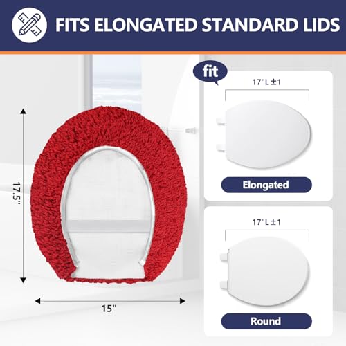 Soft Microfiber Toilet Lid Cover 17.5" x 15" Machine Washable | Solid Toilet Seat Cover Adjustable Rubber Backing Fits Most 16 -17.5" L x 14-16" W Round Oblong and Elongated Toilet Seat - color: Red