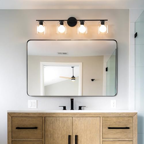 WOSHITU Bathroom Vanity Light Fixtures: 32.3 Inch Modern Matte Black Bathroom Lighting Fixtures Over Mirror with Clear Glass Shade 4 Light Vanity Lighting Fixtures Farmhouse Vanity Lights - color: Matte Black, size: 4-light