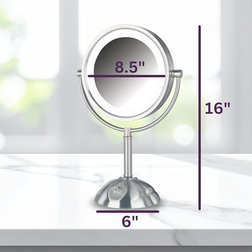 JERDON Lighted Makeup Mirror with 8X Magnification - Nickel - HL8808NL | Two-Sided 1X View, 8.5" Round Frame, 16" Tall, LED Lighting - color: Nickel