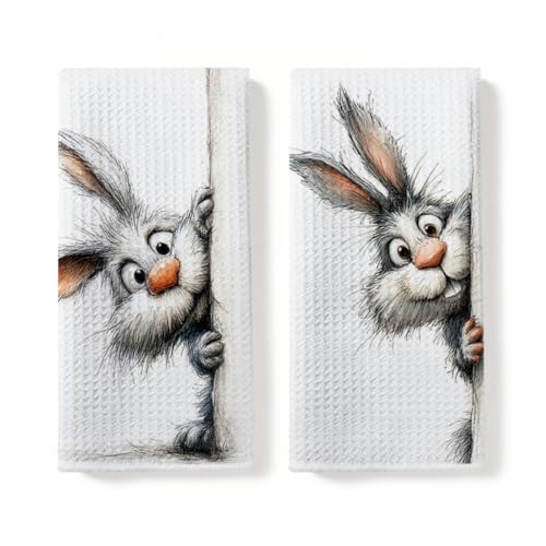2 Pcs Funny Rabbit Kitchen Towels, Rabbit Gifts Reusable Hand Towel | Rabbit Decorative Waffle Dish Towels for Kitchen Home Bathroom Decor, Animal Rabbit Gifts for Women Girls Mom 14x24 Inch - color: Multi 0785