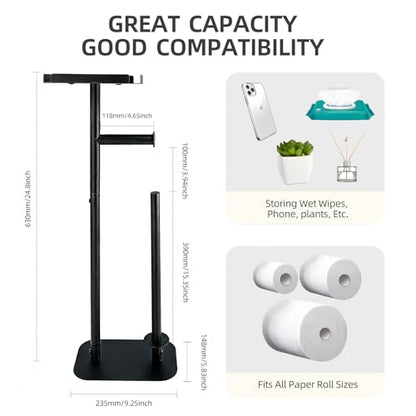 Toilet Paper Holder Free Standing for 4 Rolls with Anti-Slip Base | Rustproof Metal Toilet Paper Stand with Top Storage Shelf for Phones, Wipe and More, Bathroom Organizers and Storage, Black