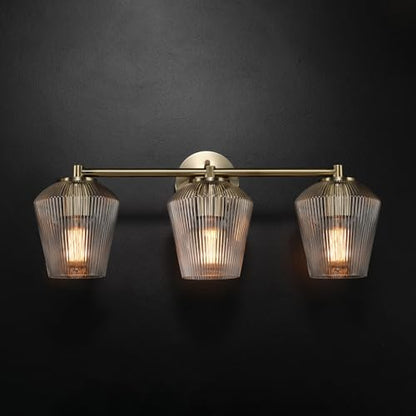 GLOBE Electric 63000063 5-Piece All-in-One Bathroom Set, Matte Brass Finish, 3-Light Vanity Light, Glass Shades, Towel Bar, Toilet Paper Holder, Towel Ring, Robe Hook, Bathroom Lights Over Mirror - color: Brass