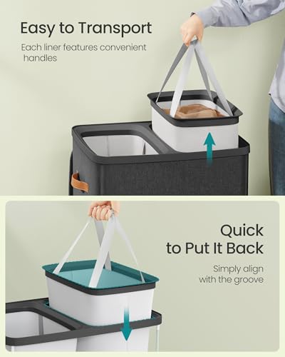 SONGMICS Laundry Basket, 44.9 Gal. Laundry Hamper, 2 Compartments, Easy Assembly, with Lid and Handles, Removable Liners, 22 x 15.7 x 29.5 Inches, Ink Black ULCB813B01 - color: Ink Black, size: 170 L (2-Section)