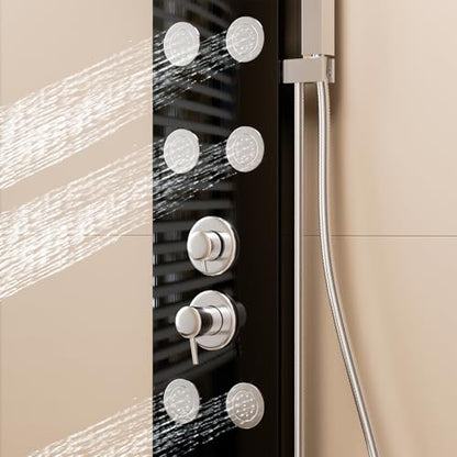 Shower Panels System with Adjustable Rainfall Shower Head and 6 Body Massage Jets, Easy Temperature Control Anti-limescale Bath Screen Shower Head Set Gentle and Rain-Like Spray Handheld Sh