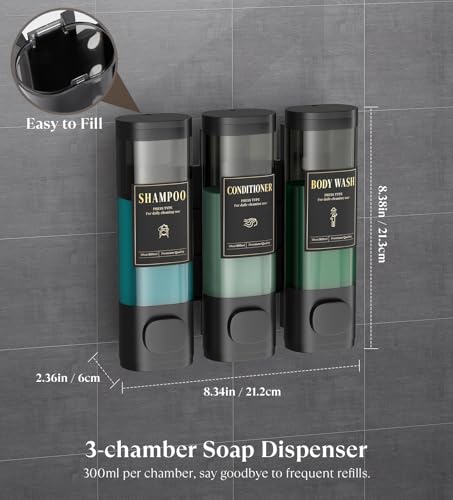 Luxspire Shampoo and Conditioner Dispenser, Shower Soap Dispenser 3-Chamber | Lockable Large Capacity 900ml No-Drill Wall-Mounted Shampoo and Body Wash Dispenser for Bathroom Hotel Kitchen Airbnb - color: Classic Black, size: 3 Chamber