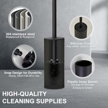 304 Stainless Steel Toilet Bowl Cleaner Brush and Holder Set | Black Bathroom Toilet Brush, Floor-Standing Circular Base, Long Handle, Heavy-Duty with 2 Brush Heads YIGUANXIN - color: H-black