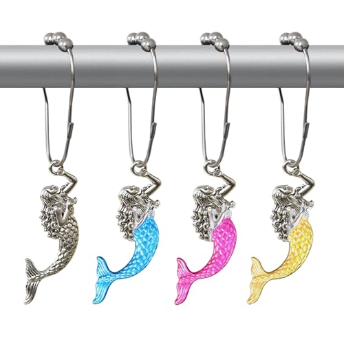 Sea Mermaid Shower Curtain Hooks Decorative Rings for Bathroom Beach Little Girl Bath Decor Stainless Steel Rustproof Shower Hanger Pack of 12 Shower Hooks for Shower Curtain or Liner (Colorful) - size: Color mermaid
