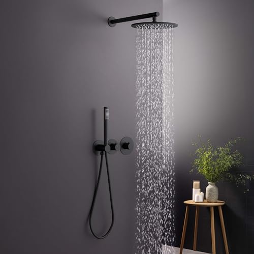 Circular Matte Black Thermostatic Shower System – Rainfall & Handheld Shower Head Set | 2-Function Shower Faucet Set with Rough-In Valve | Solid Brass Build & Temperature Control (KSF410MB) - color: Matte Black